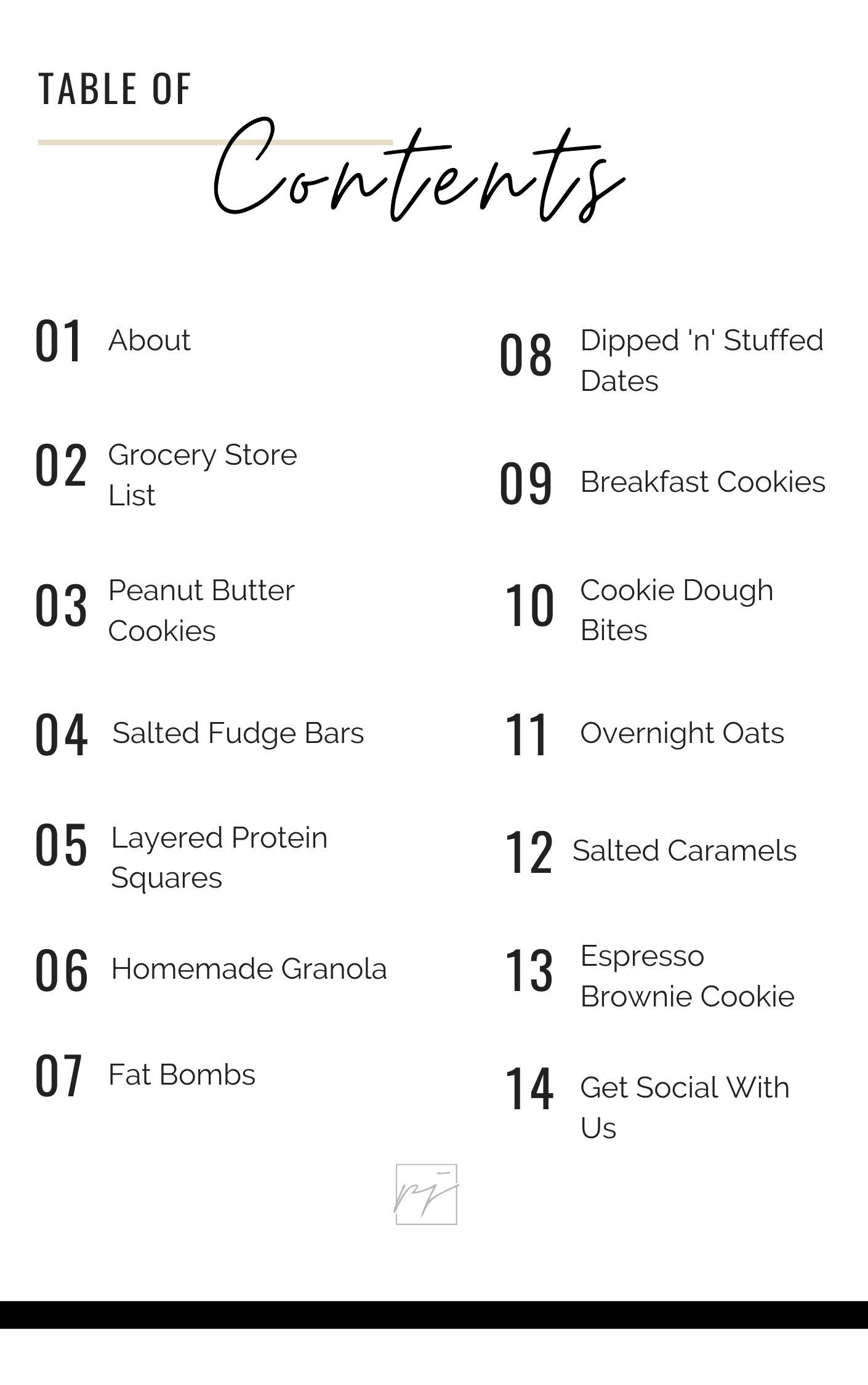 Sweet Treats E-Cookbook, table of contents. 14 pages including about, grocery store list and 11 recipes - lifewithPandJ