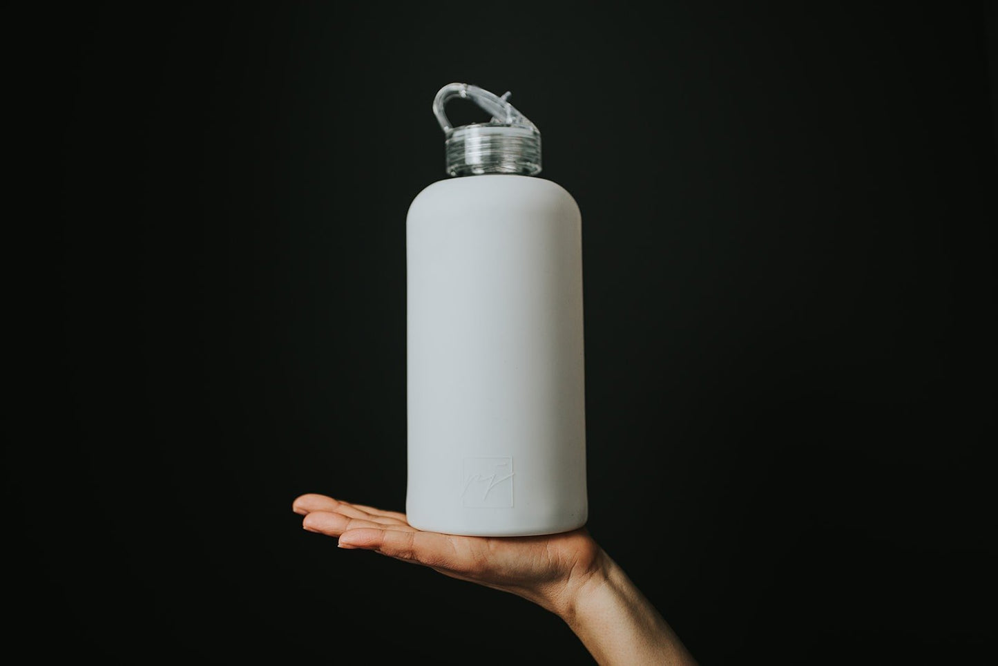 1L glass water bottle with white protective silicone sleeve and clear folding straw lid - lifewithPandJ