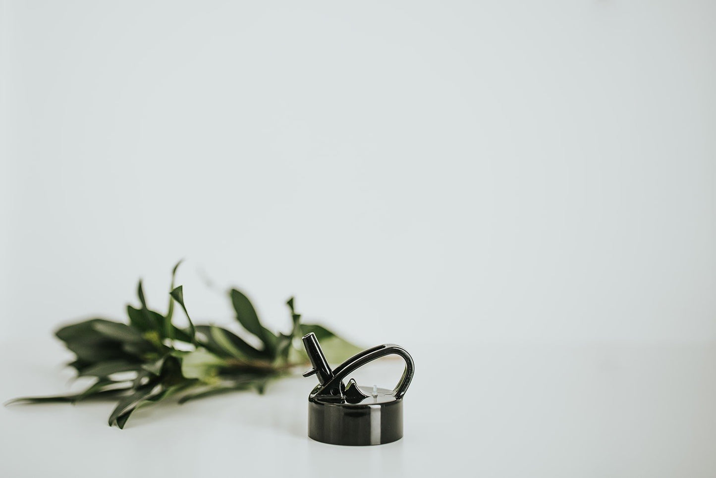 High gloss black folding straw lid on a white background with greenery - lifewithPandJ