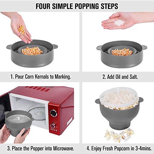 PrettyCare Popcorn Popper Microwave Machine Popcorn Makers Silicone Hot Air Collapsible Popcorn Bowl with Lid and Handles BPA Free & Dishwasher Safe Grey - lifewithPandJ