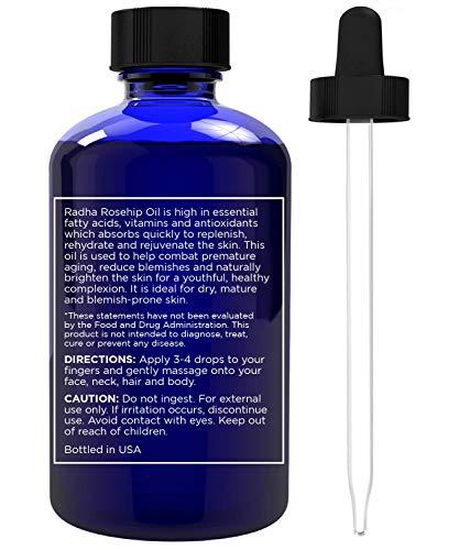 Radha Beauty USDA Certified Organic Rosehip Oil, 4 oz. - 100% Pure & Cold Pressed. All Natural Anti-Aging Moisturizing Treatment for Face, Hair, Skin & Nails, Acne Scars, Wrinkles, Dry Spots - lifewithPandJ