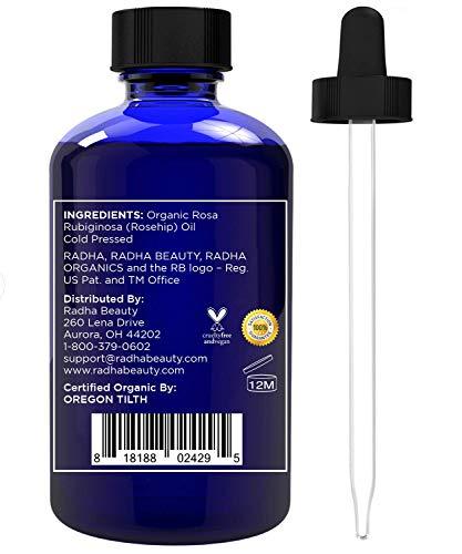 Radha Beauty USDA Certified Organic Rosehip Oil, 4 oz. - 100% Pure & Cold Pressed. All Natural Anti-Aging Moisturizing Treatment for Face, Hair, Skin & Nails, Acne Scars, Wrinkles, Dry Spots - lifewithPandJ