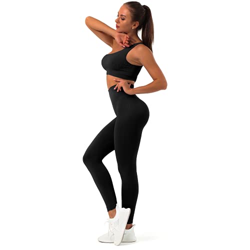 Women's 2 Piece Yoga Outfits Seamless Ribbed Matching Gym Clothes